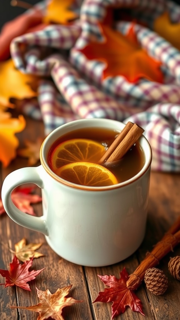 A cozy mug of spiced bourbon cider with cinnamon and orange, surrounded by autumn decor.